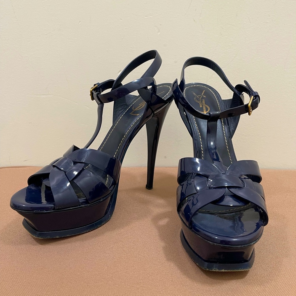 YSL TRIBUTE 105 T-STRAP NAVY Heels Sz 39.5